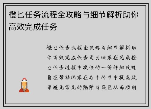 橙匕任务流程全攻略与细节解析助你高效完成任务