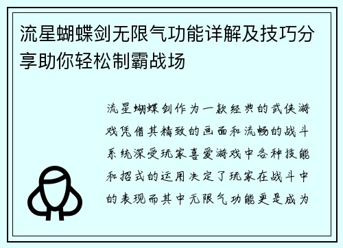 流星蝴蝶剑无限气功能详解及技巧分享助你轻松制霸战场